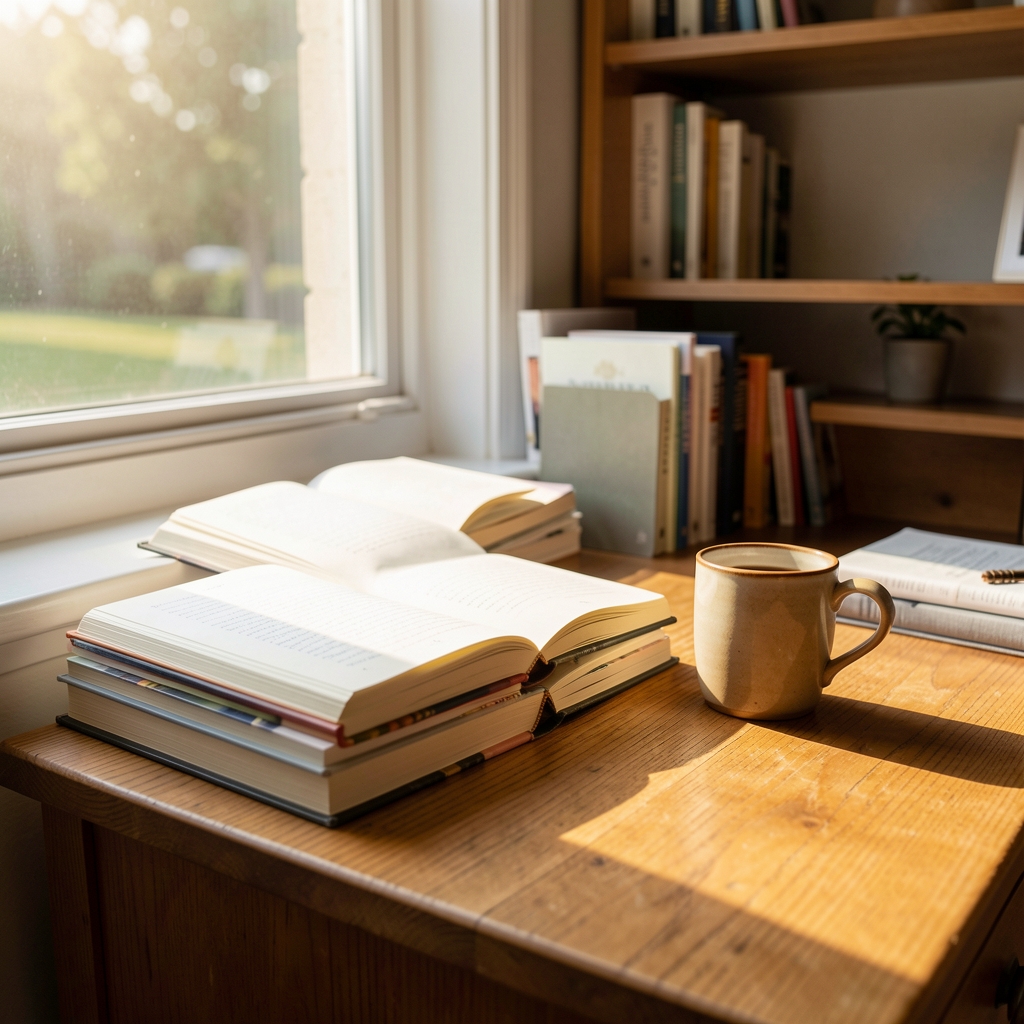 Sunlit reading nook with a stack of open journals and a warm cup, quiet editorial working environment