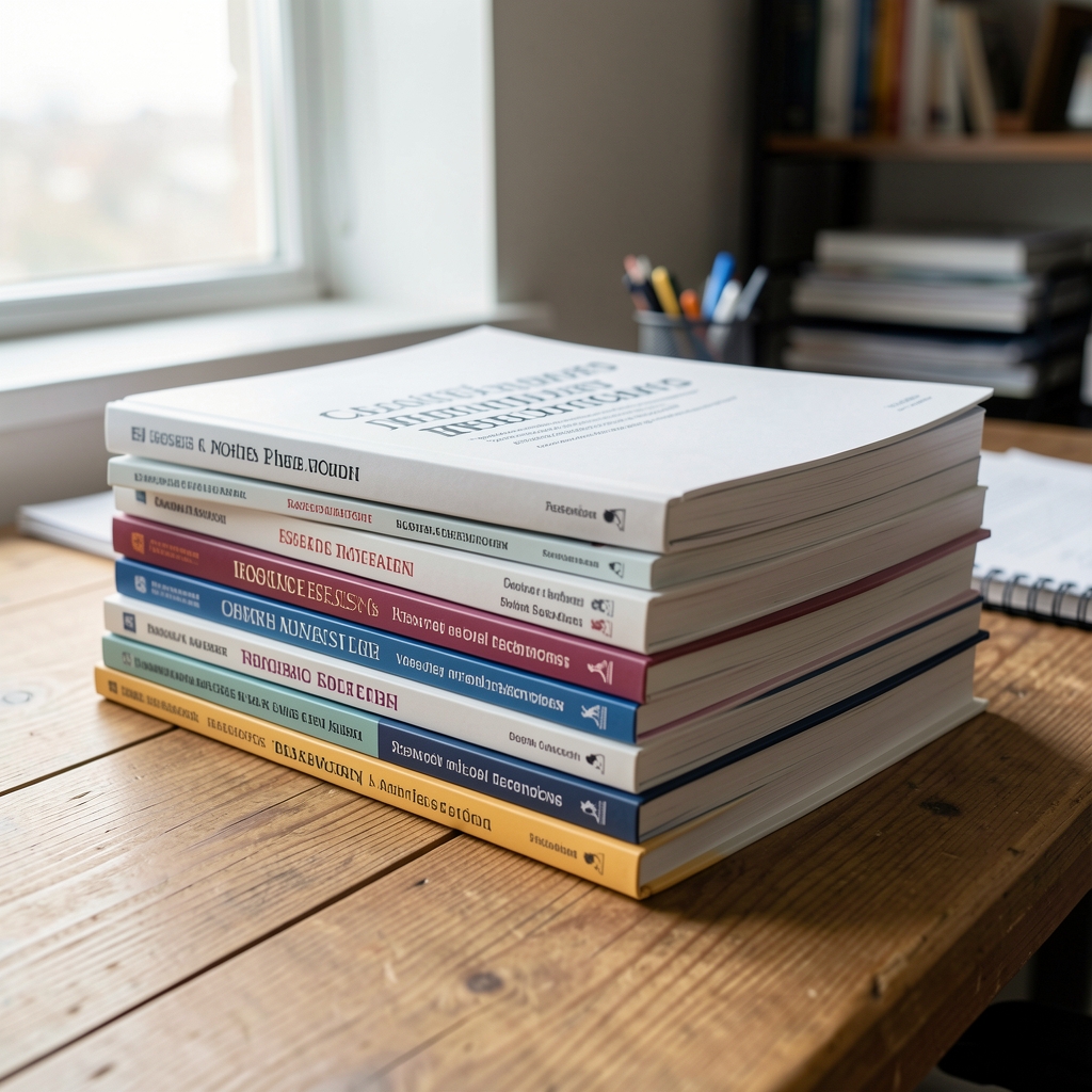 Stack of annotated research journals on a wooden surface, daylight from a nearby window, editorial working environment