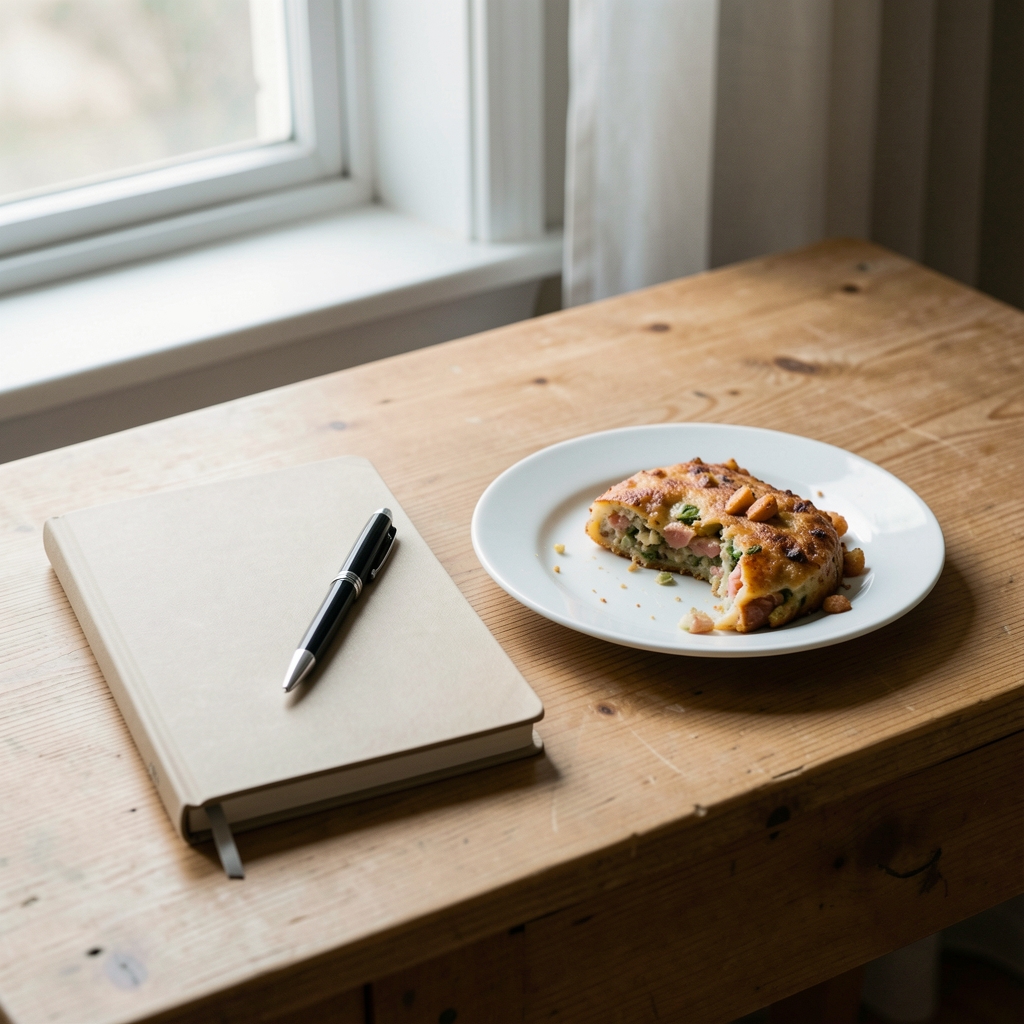 Notebook and pen resting beside a half-eaten plate of food on a bare wooden table in diffuse window light, slow-lifestyle editorial