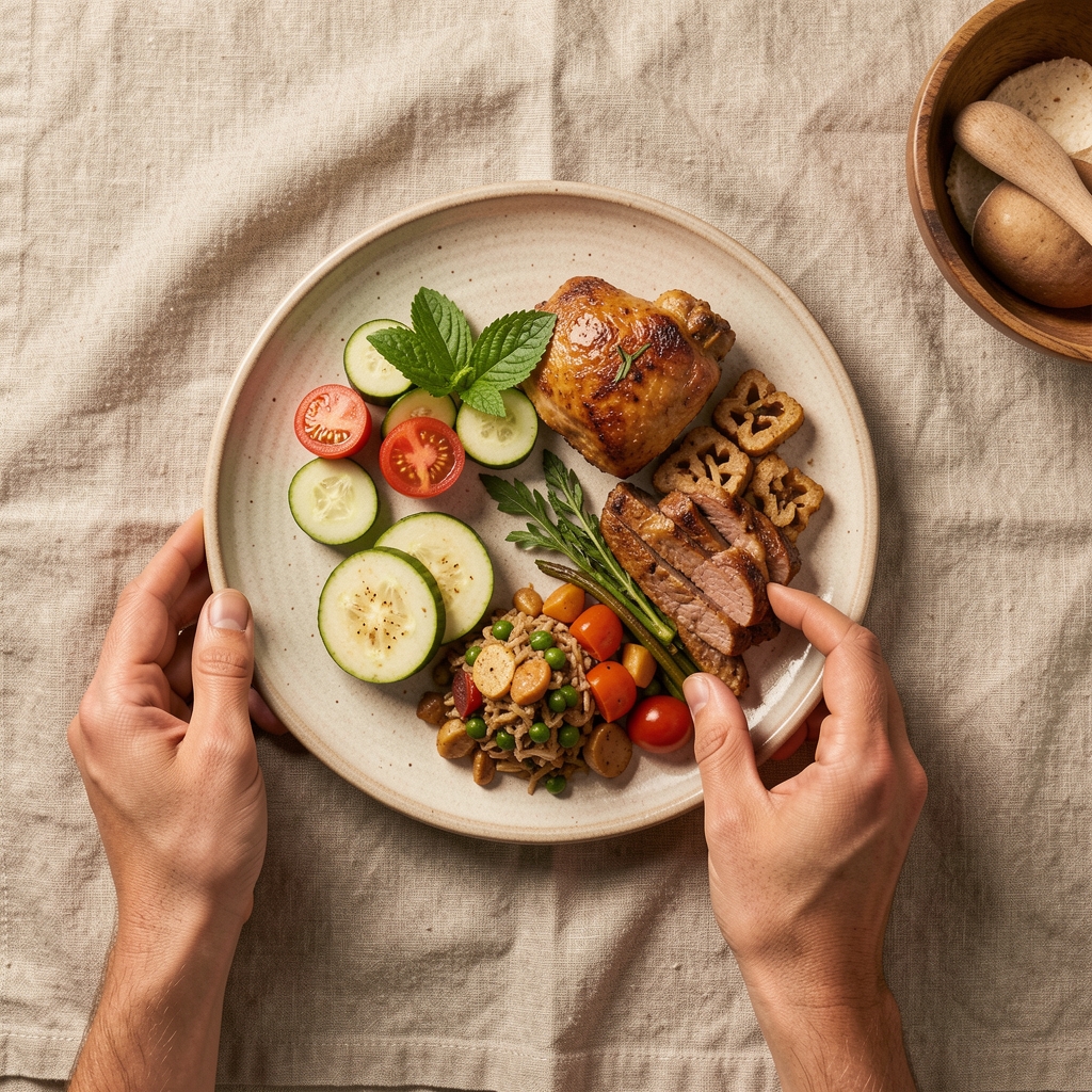 Hands arranging a simple seasonal meal on a ceramic plate, overhead view on a linen cloth, warm studio lighting