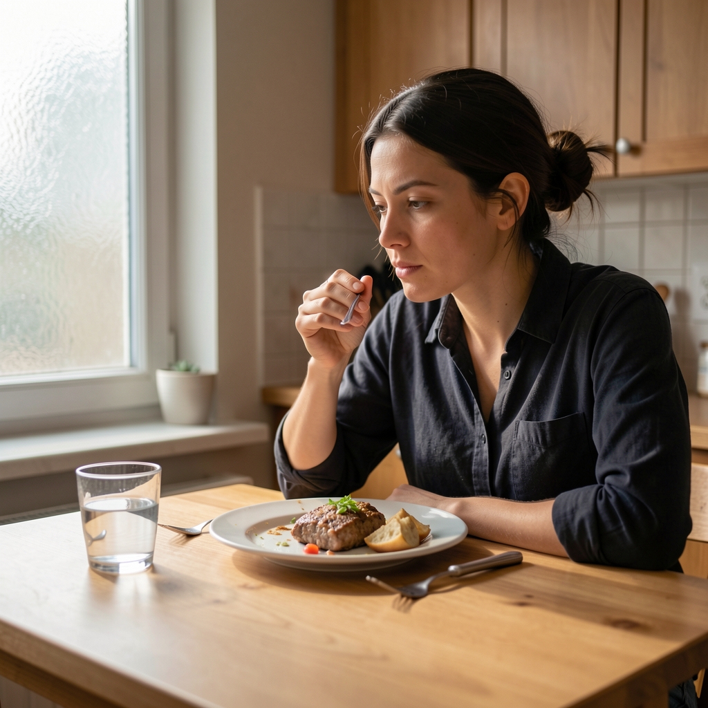 Person pausing mid-meal with a glass of water on a quiet kitchen table, natural afternoon light through frosted glass, introspective composition
