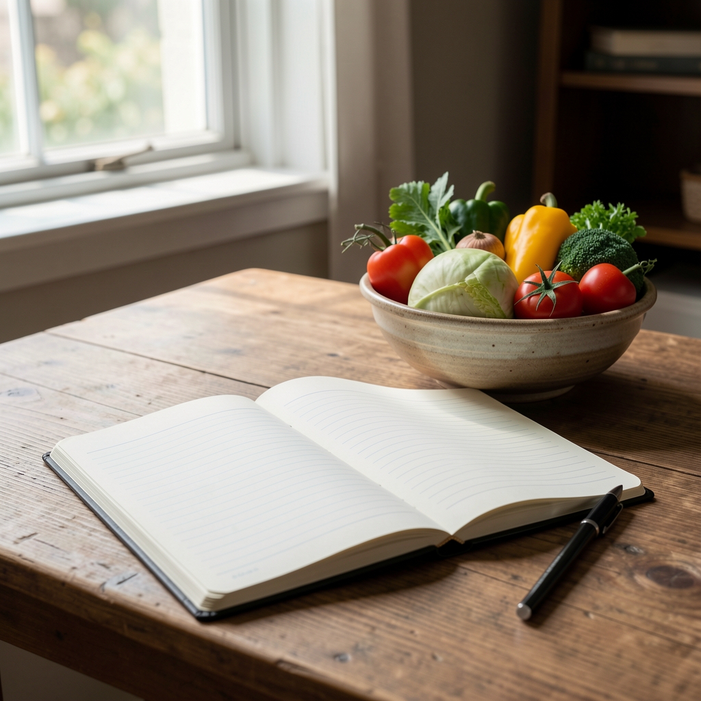 Open notebook on a wooden desk beside a ceramic bowl of seasonal vegetables in soft morning light, editorial composition