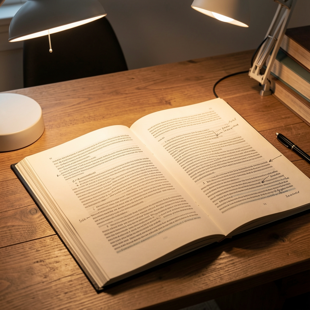 Annotated manuscript pages spread across a wooden desk under warm desk lamp light, editorial review in progress